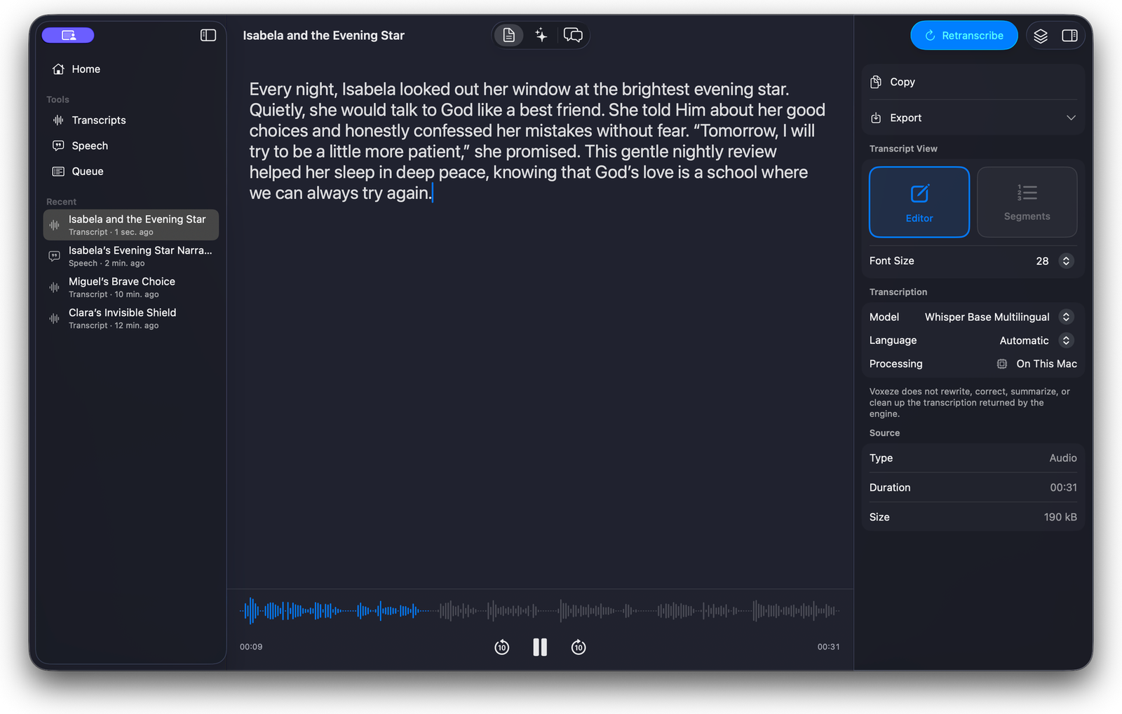 Voxeze recording workspace with a timed transcript beside a waveform