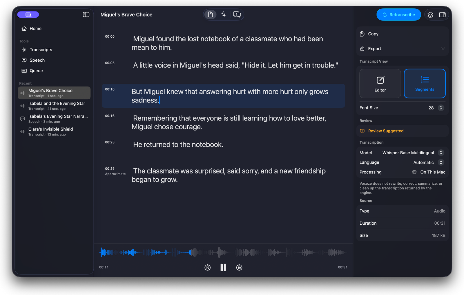 Voxeze timed transcript editing workspace