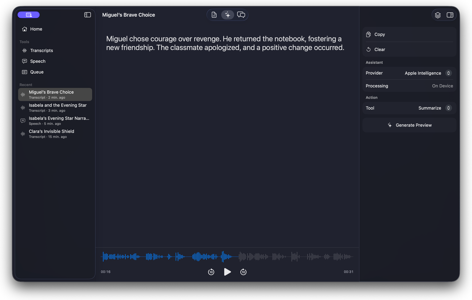 Voxeze on-device transcript summary