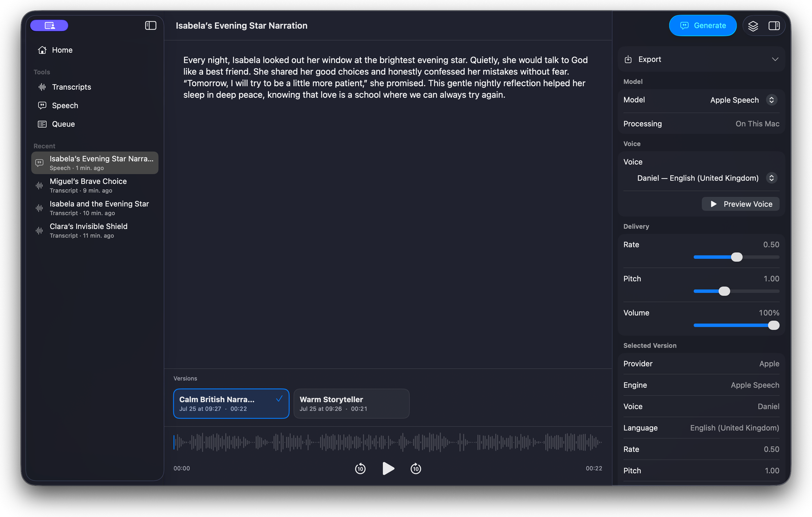 Voxeze natural speech generation workspace