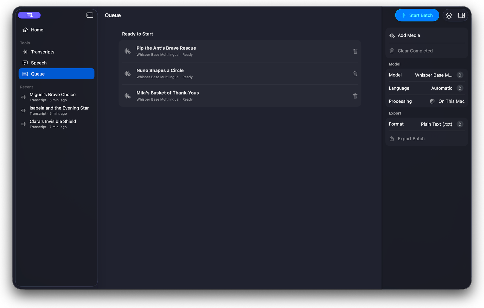 Voxeze batch queue for processing a folder of media